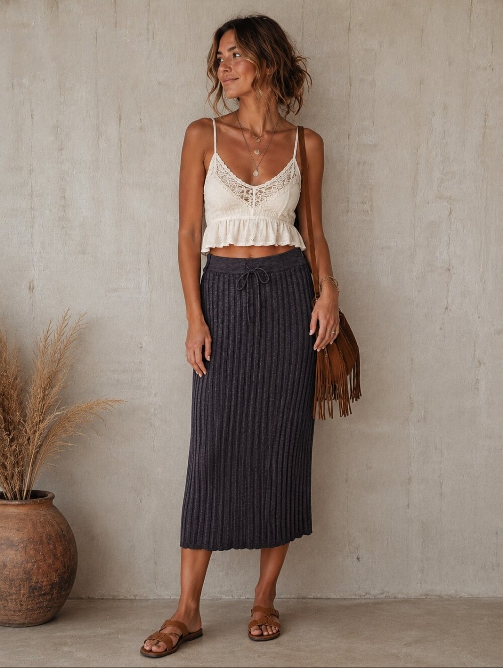 Size:XS FREE PEOPLE Beach Brown Veda Ribbed Rib Knit Skirt Midi Maxi Skirt